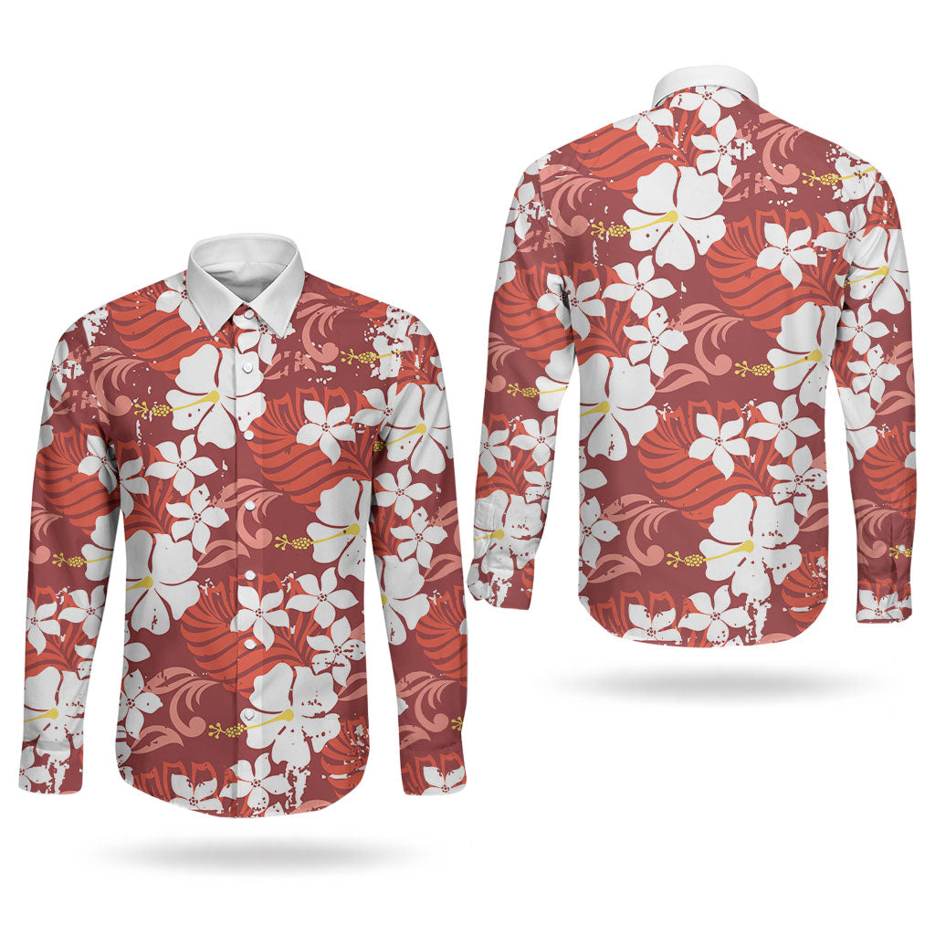 Red Hawaiian Hibiscus Monstera Couples Matching Summer Maxi Dress and Long Sleeve Button Shirt Grunge Stylized LT01 - Polynesian Pride