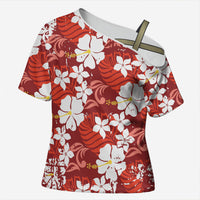 Red Hawaiian Hibiscus Monstera Cross Shoulder Shirt Grunge Stylized LT01 Female Red - Polynesian Pride