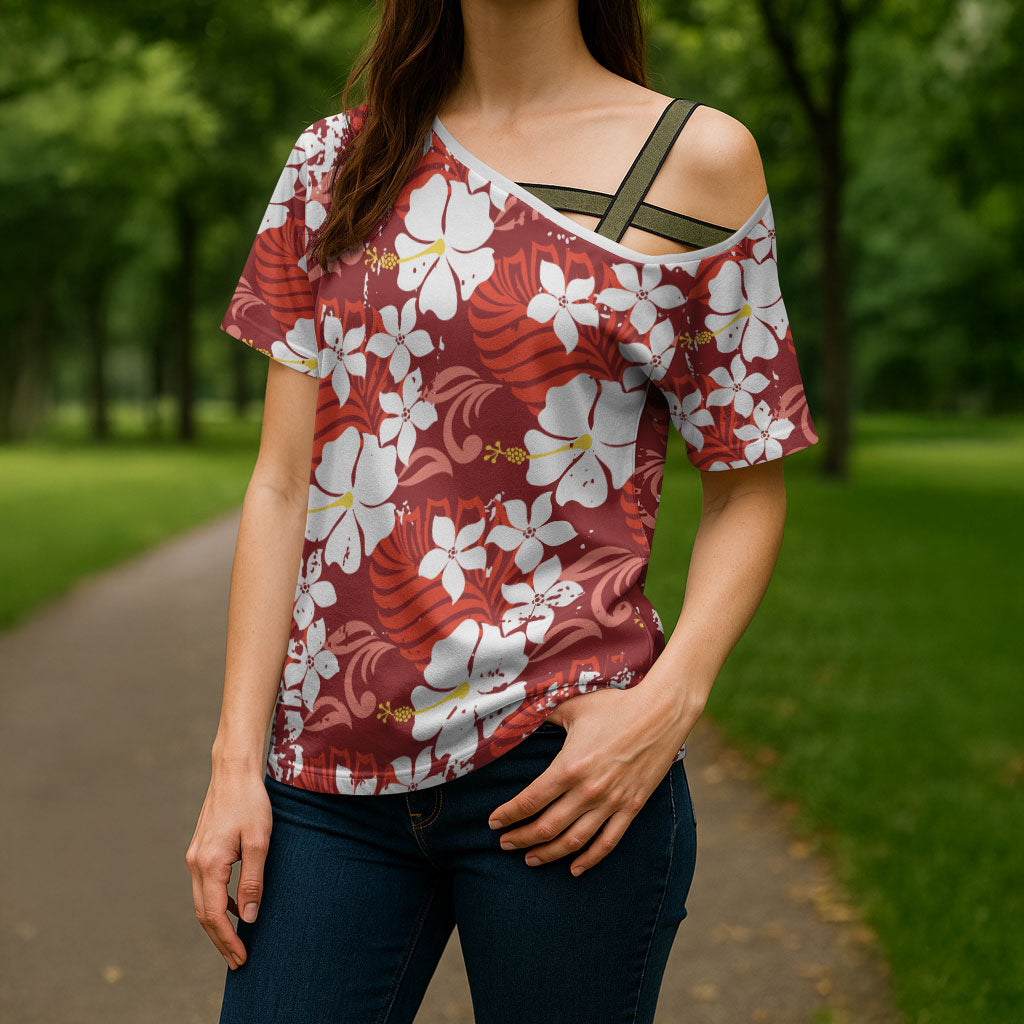 Red Hawaiian Hibiscus Monstera Cross Shoulder Shirt Grunge Stylized LT01 - Polynesian Pride