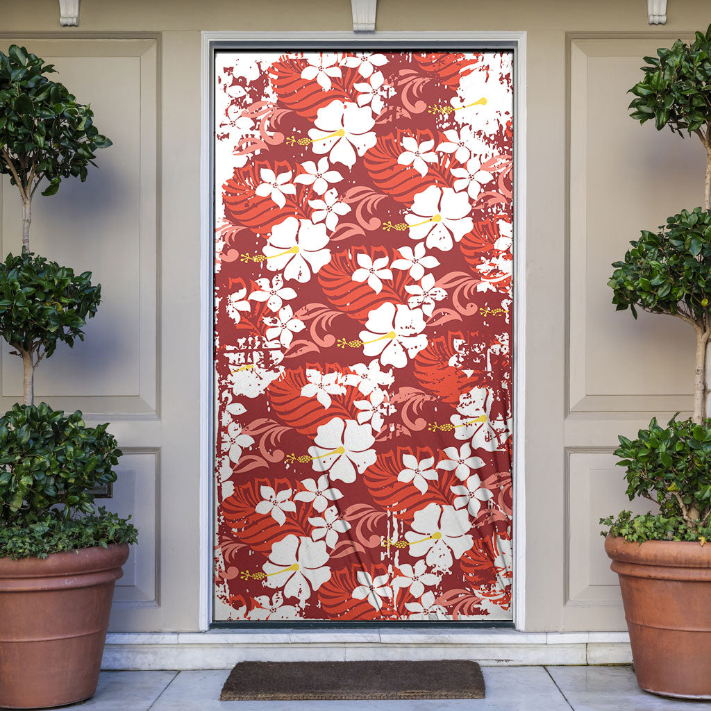 Red Hawaiian Hibiscus Monstera Door Cover Grunge Stylized
