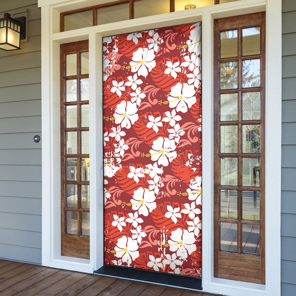 Red Hawaiian Hibiscus Monstera Door Cover Grunge Stylized