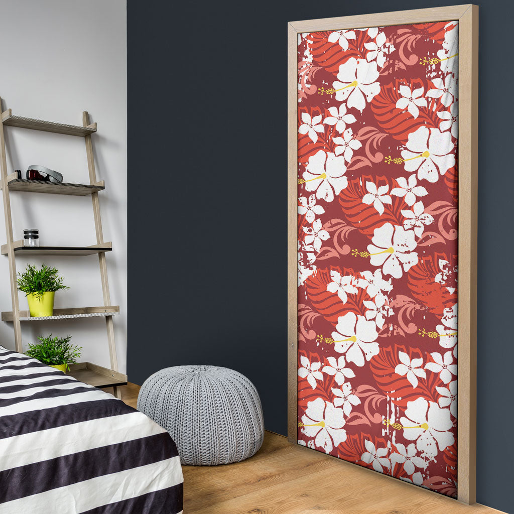 Red Hawaiian Hibiscus Monstera Door Cover Grunge Stylized
