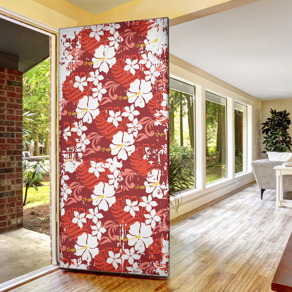 Red Hawaiian Hibiscus Monstera Door Cover Grunge Stylized