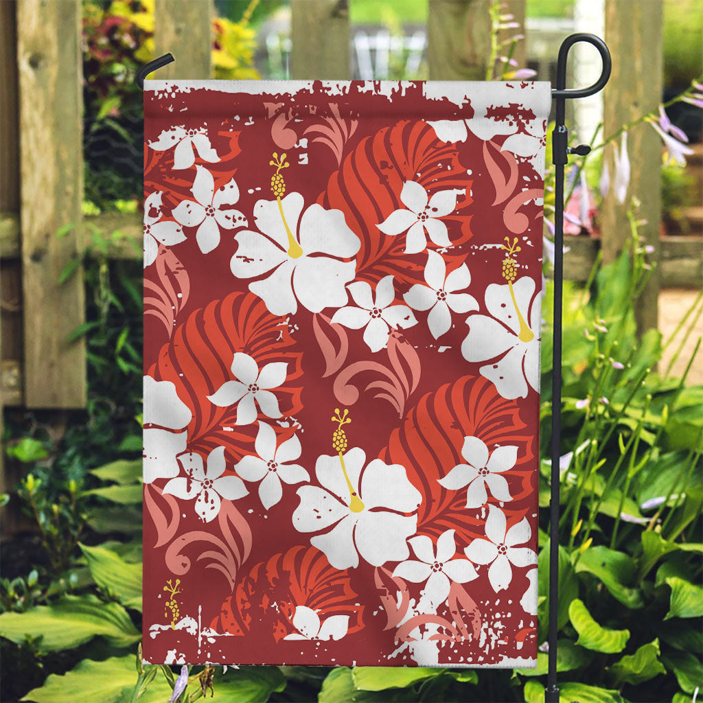 Red Hawaiian Hibiscus Monstera Garden Flag Grunge Stylized