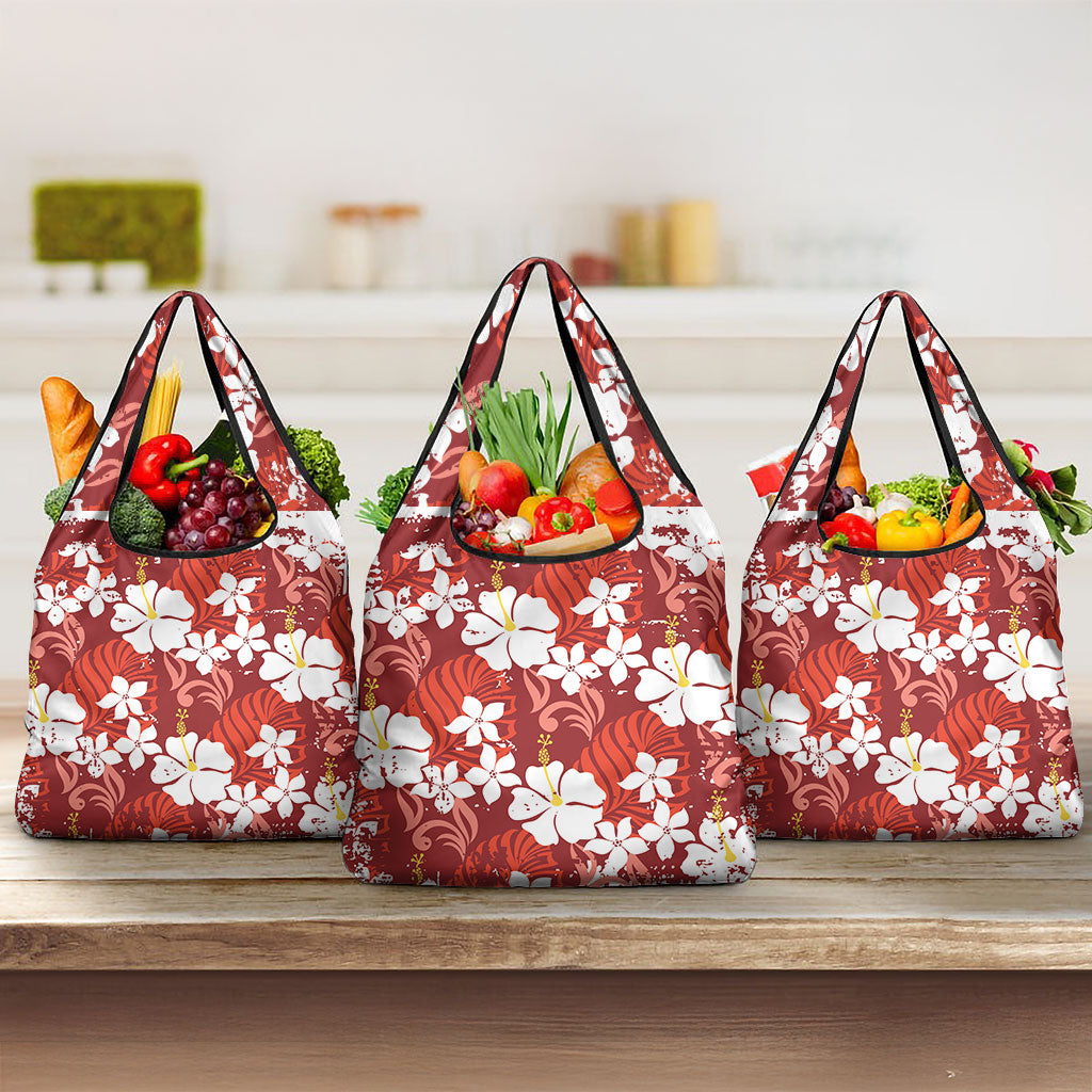 Red Hawaiian Hibiscus Monstera Grocery Bag Grunge Stylized LT01 3-pack One Size Red - Polynesian Pride