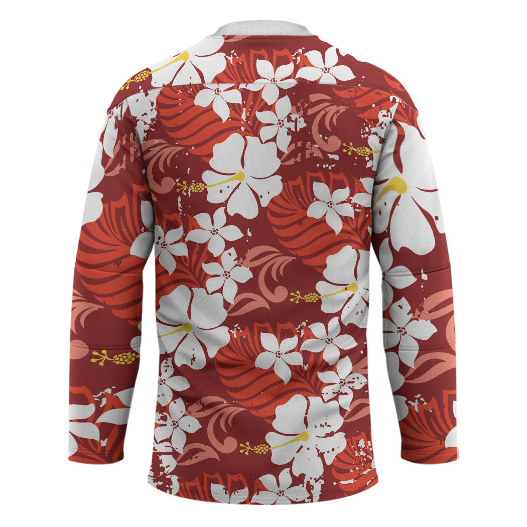 Red Hawaiian Hibiscus Monstera Hockey Jersey Grunge Stylized LT01 - Polynesian Pride