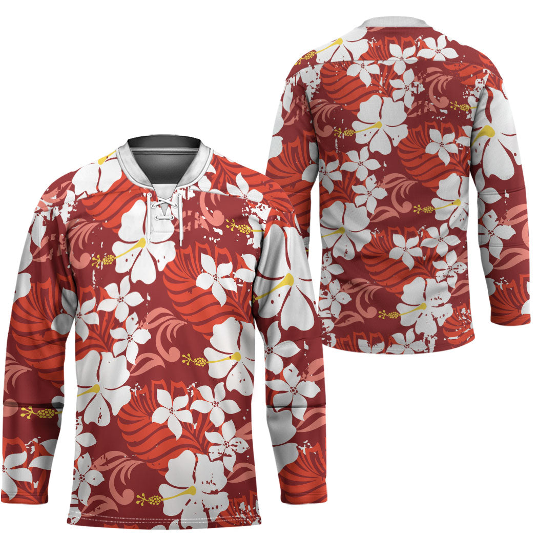 Red Hawaiian Hibiscus Monstera Hockey Jersey Grunge Stylized LT01 - Polynesian Pride