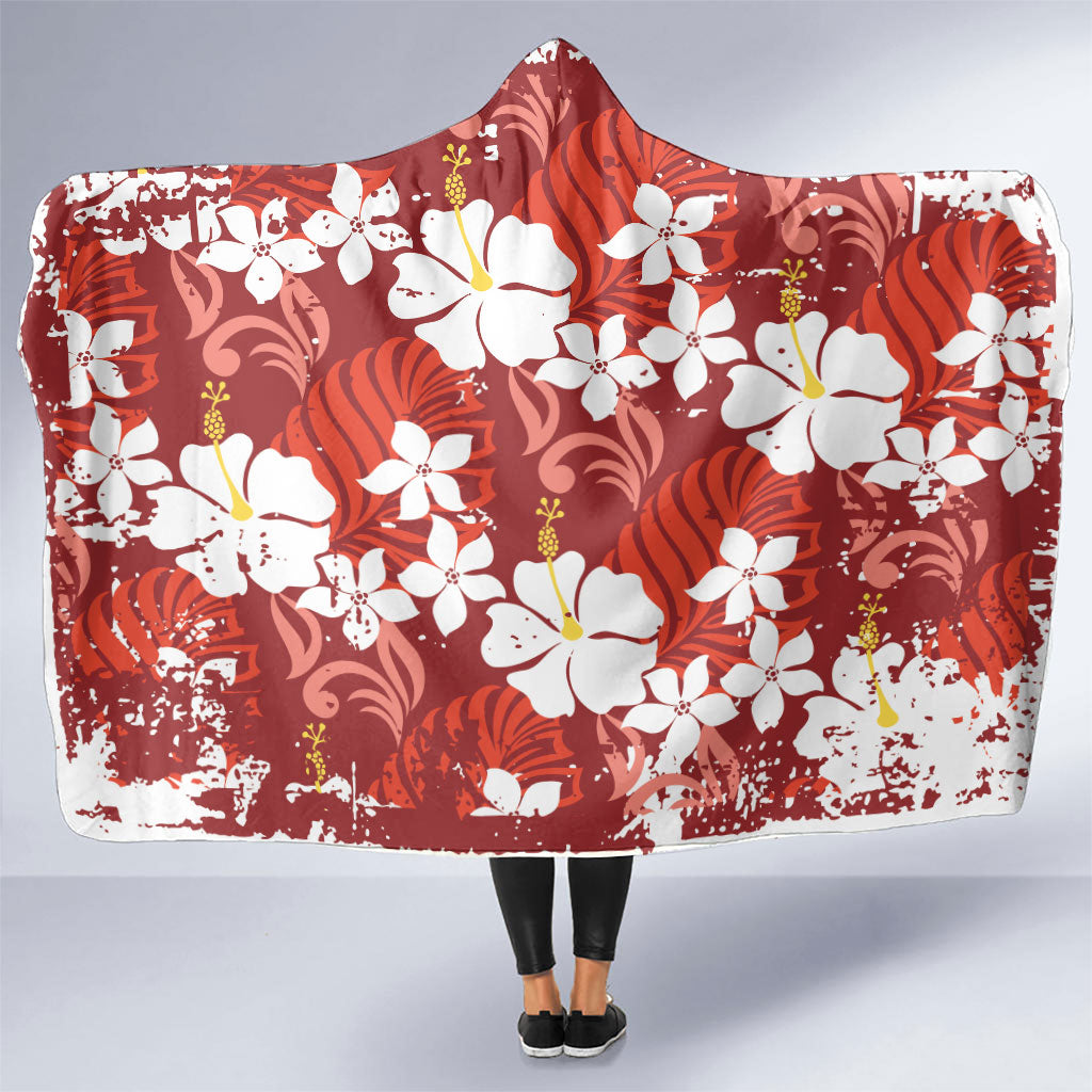 Red Hawaiian Hibiscus Monstera Hooded Blanket Grunge Stylized LT01 One Size Red - Polynesian Pride