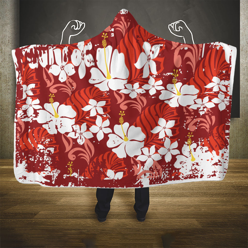 Red Hawaiian Hibiscus Monstera Hooded Blanket Grunge Stylized