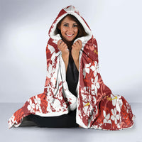 Red Hawaiian Hibiscus Monstera Hooded Blanket Grunge Stylized