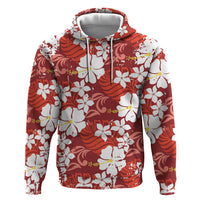 Red Hawaiian Hibiscus Monstera Hoodie Grunge Stylized LT01 Pullover Hoodie Red - Polynesian Pride