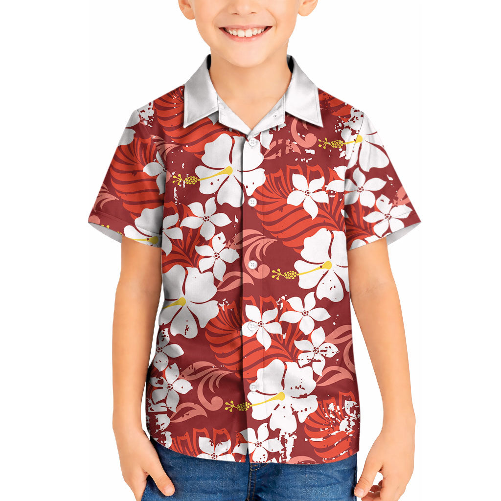 Red Hawaiian Hibiscus Monstera Kid Hawaiian Shirt Grunge Stylized