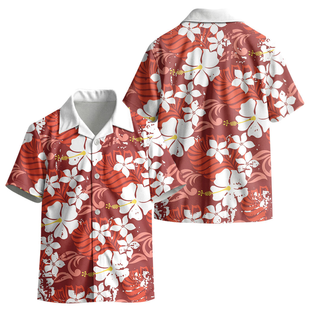 Red Hawaiian Hibiscus Monstera Kid Hawaiian Shirt Grunge Stylized