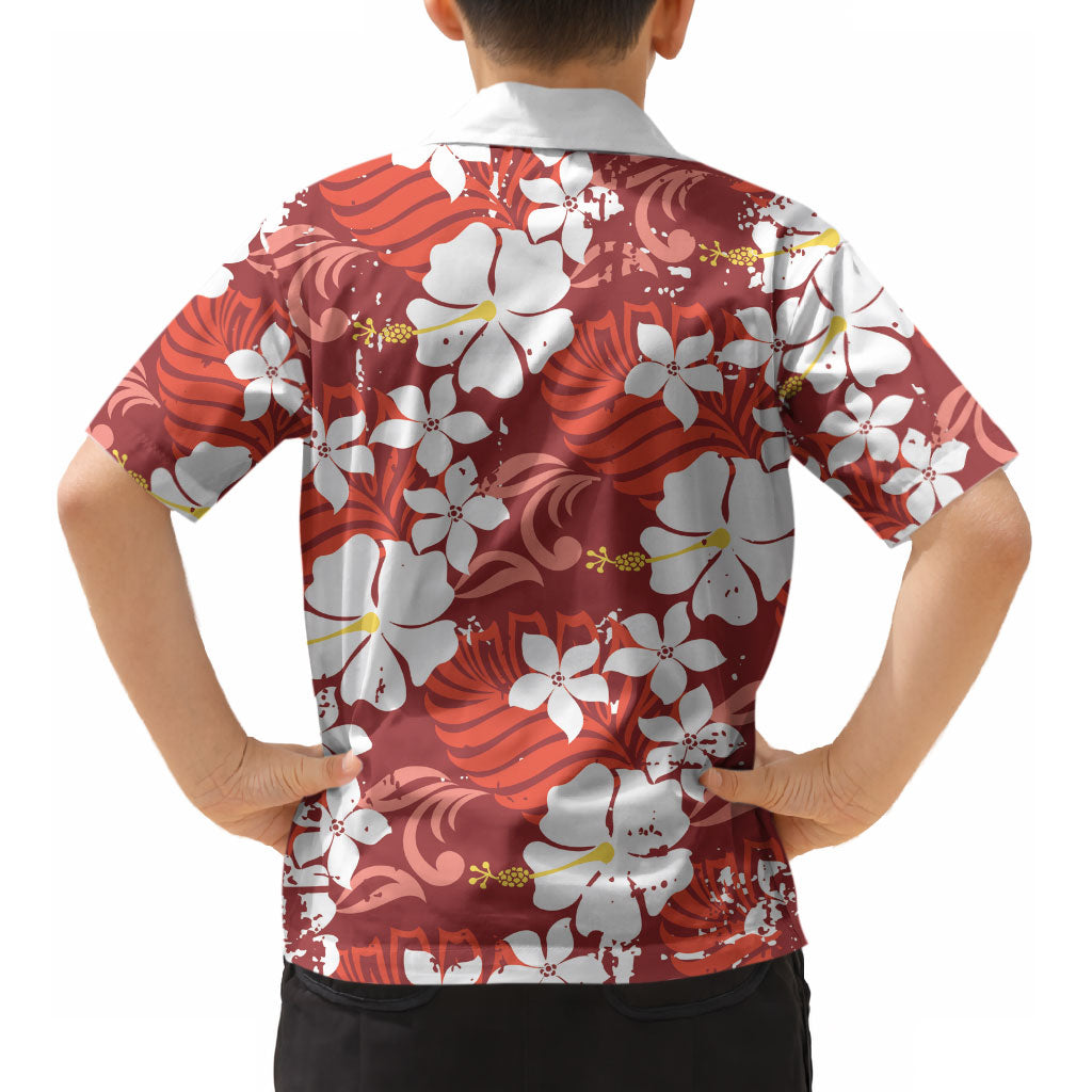 Red Hawaiian Hibiscus Monstera Kid Hawaiian Shirt Grunge Stylized