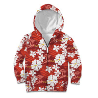 Red Hawaiian Hibiscus Monstera Kid Hoodie Grunge Stylized LT01 Zip Hoodie Red - Polynesian Pride