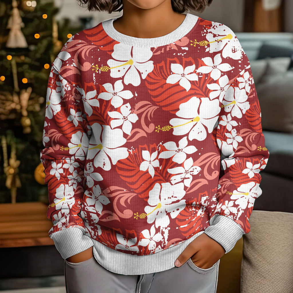 Red Hawaiian Hibiscus Monstera Kid Ugly Christmas Sweater Grunge Stylized LT01 - Polynesian Pride