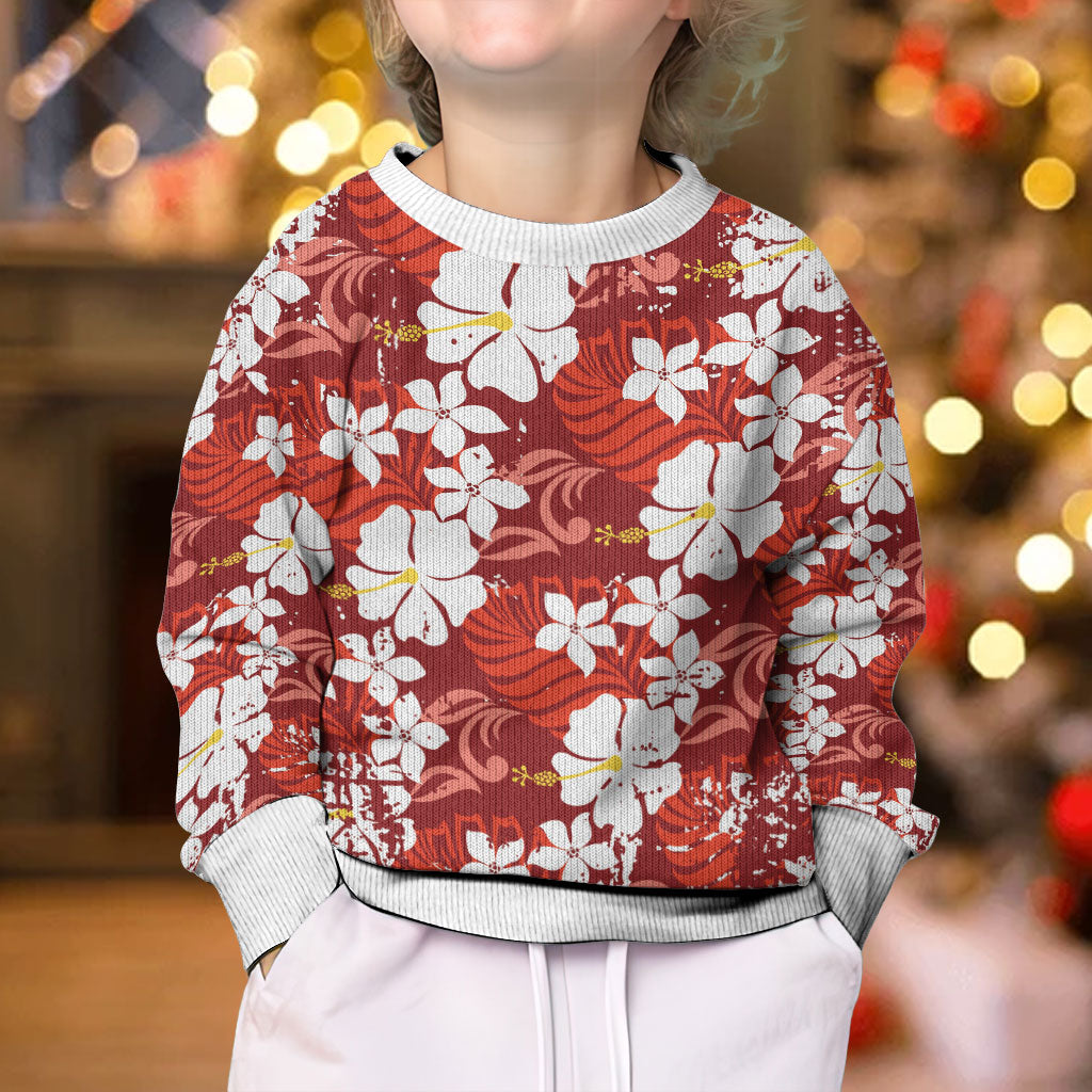 Red Hawaiian Hibiscus Monstera Kid Ugly Christmas Sweater Grunge Stylized LT01 - Polynesian Pride