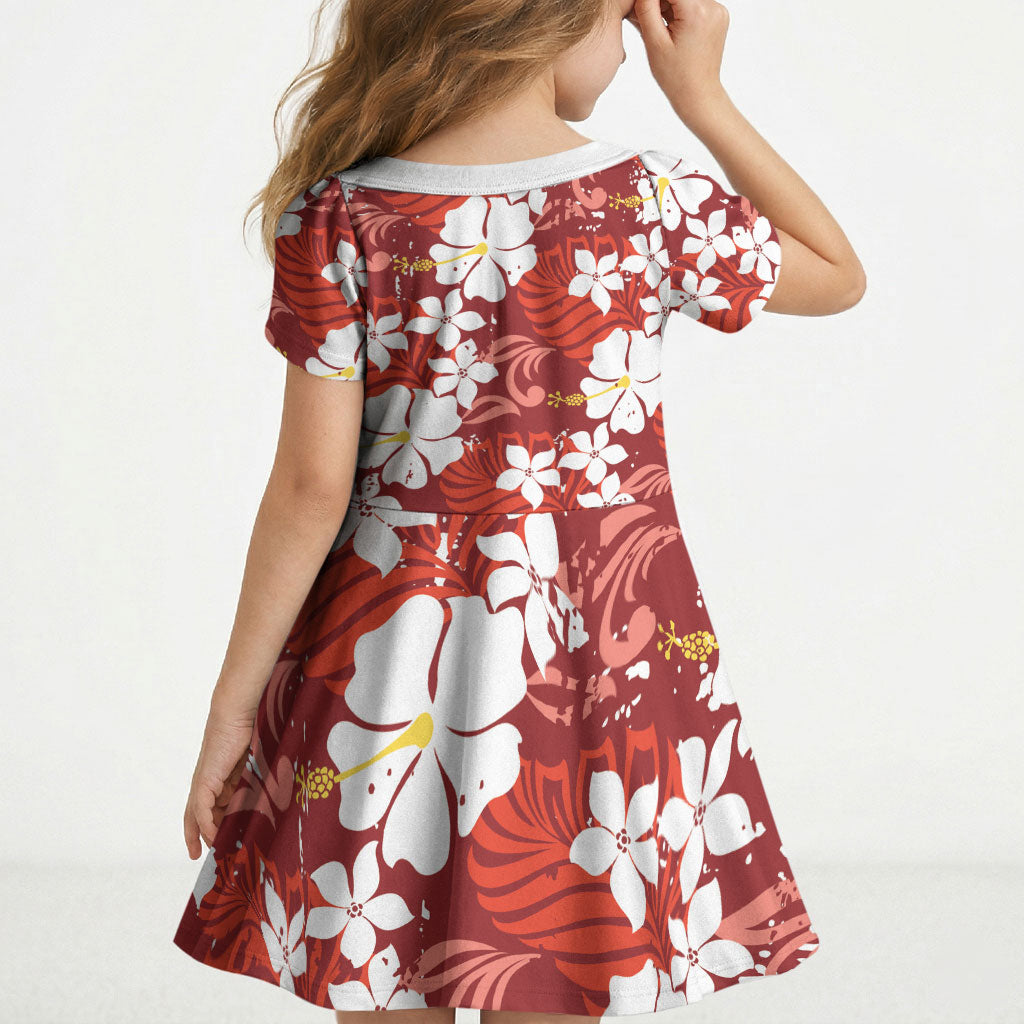 Red Hawaiian Hibiscus Monstera Kid Short Sleeve Dress Grunge Stylized