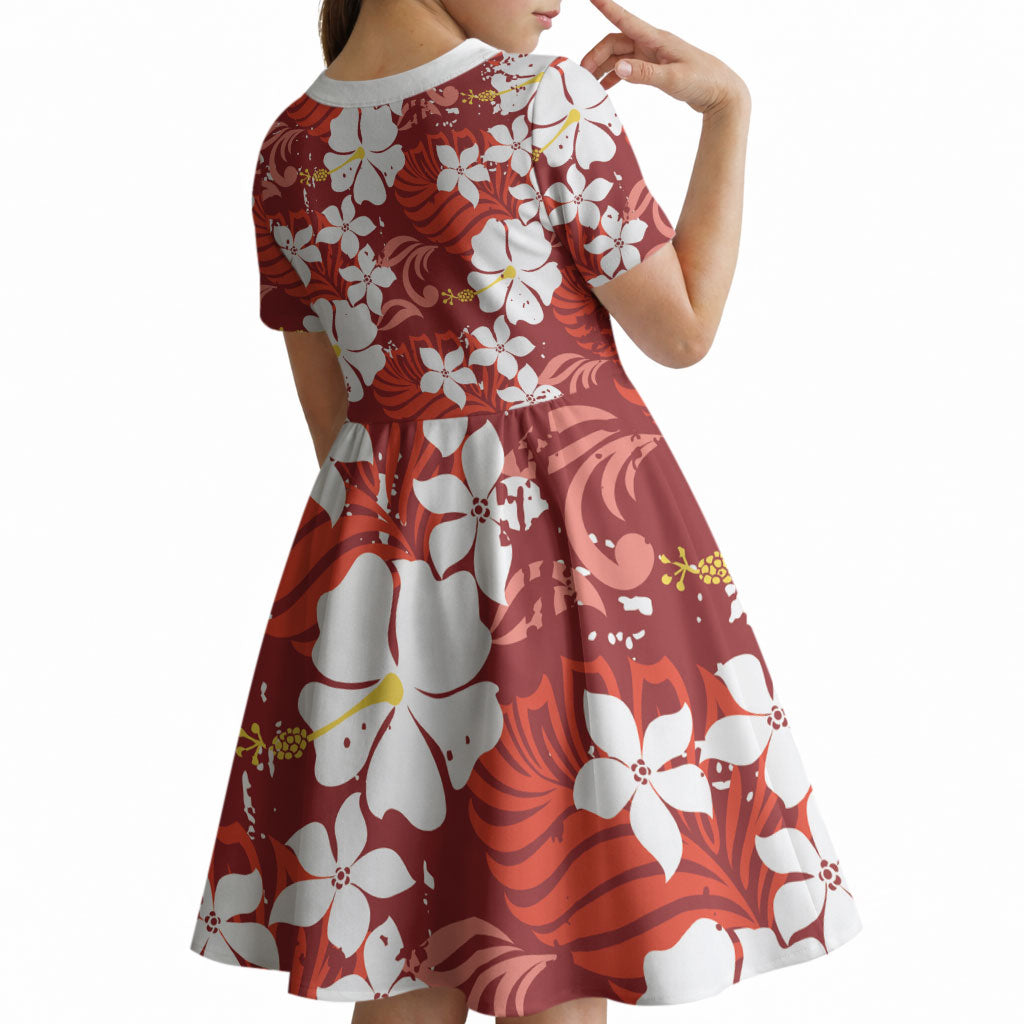 Red Hawaiian Hibiscus Monstera Kid Short Sleeve Dress Grunge Stylized