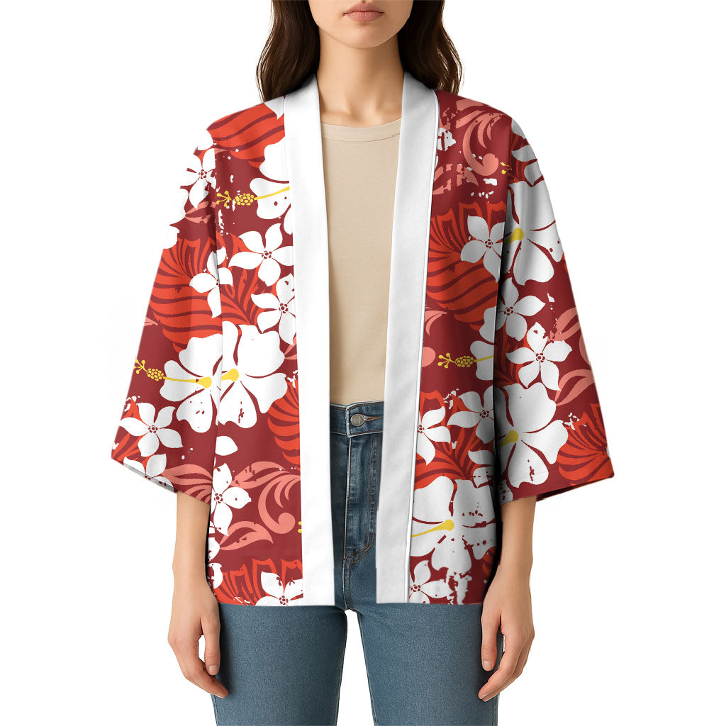 Red Hawaiian Hibiscus Monstera Kimono Grunge Stylized LT01 - Polynesian Pride