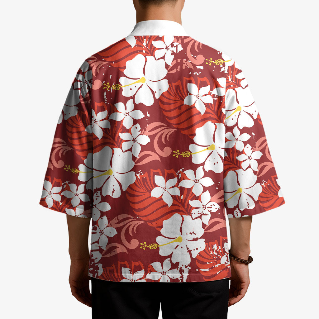 Red Hawaiian Hibiscus Monstera Kimono Grunge Stylized LT01 - Polynesian Pride