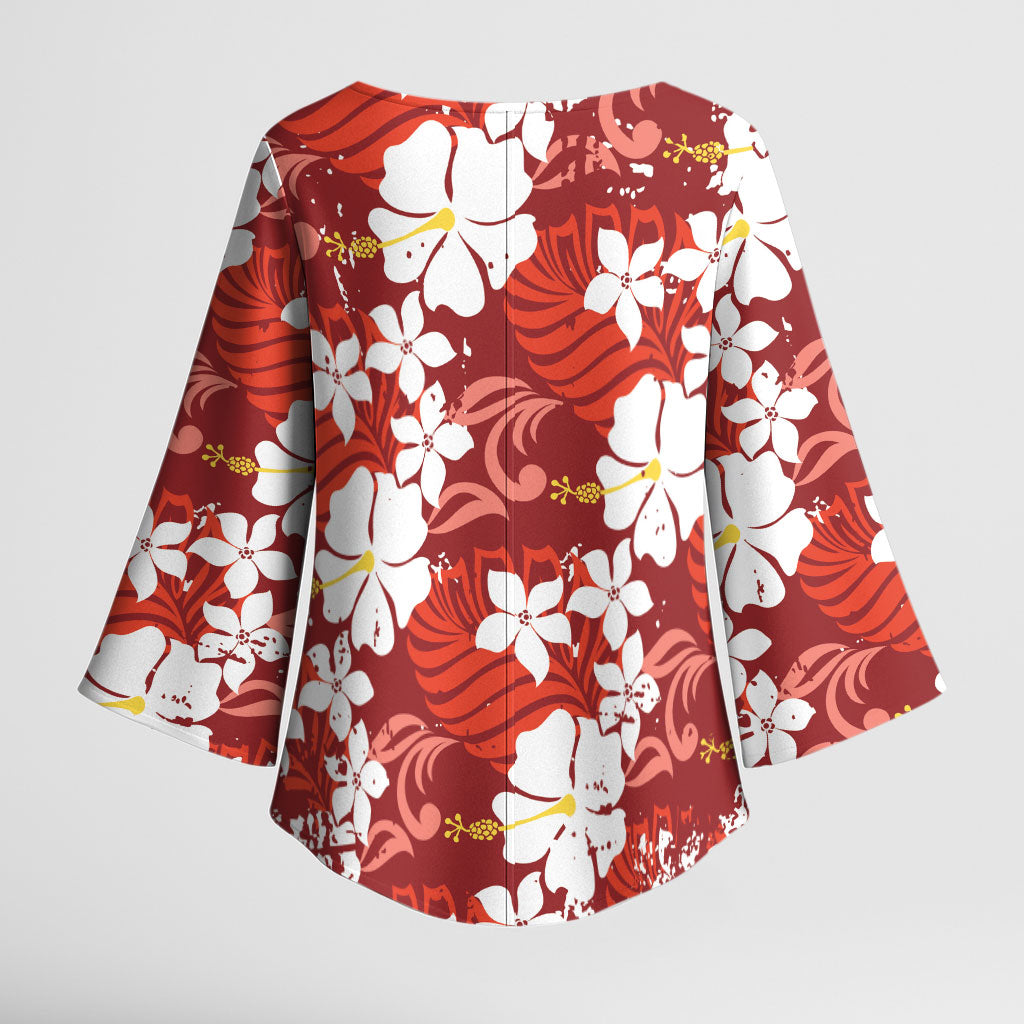 Red Hawaiian Hibiscus Monstera Kimono Sleeve Blouse Grunge Stylized LT01 - Polynesian Pride