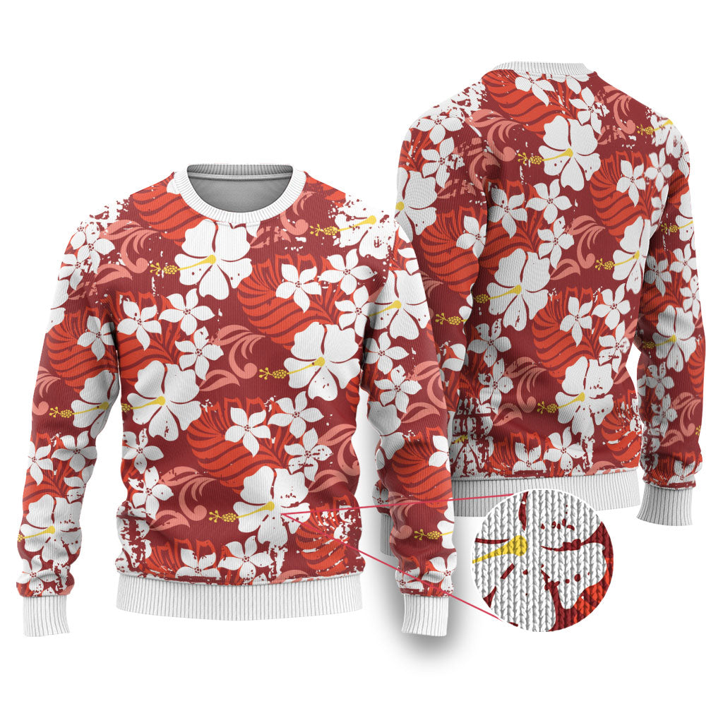 Red Hawaiian Hibiscus Monstera Ugly Christmas Sweater Grunge Stylized