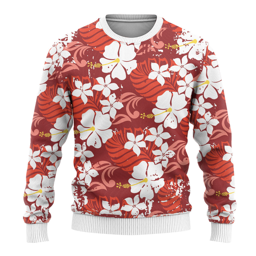 Red Hawaiian Hibiscus Monstera Ugly Christmas Sweater Grunge Stylized