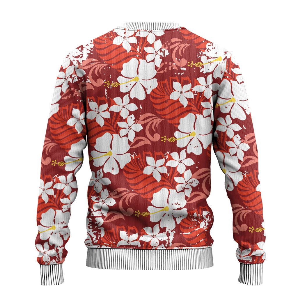 Red Hawaiian Hibiscus Monstera Ugly Christmas Sweater Grunge Stylized
