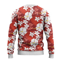 Red Hawaiian Hibiscus Monstera Ugly Christmas Sweater Grunge Stylized