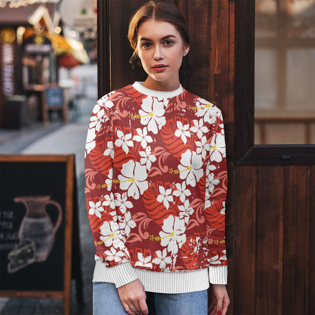Red Hawaiian Hibiscus Monstera Ugly Christmas Sweater Grunge Stylized