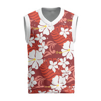 Red Hawaiian Hibiscus Monstera Christmas Knitted V-Neck Vest Grunge Stylized LT01 Red - Polynesian Pride