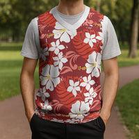 Red Hawaiian Hibiscus Monstera Christmas Knitted V-Neck Vest Grunge Stylized LT01 - Polynesian Pride