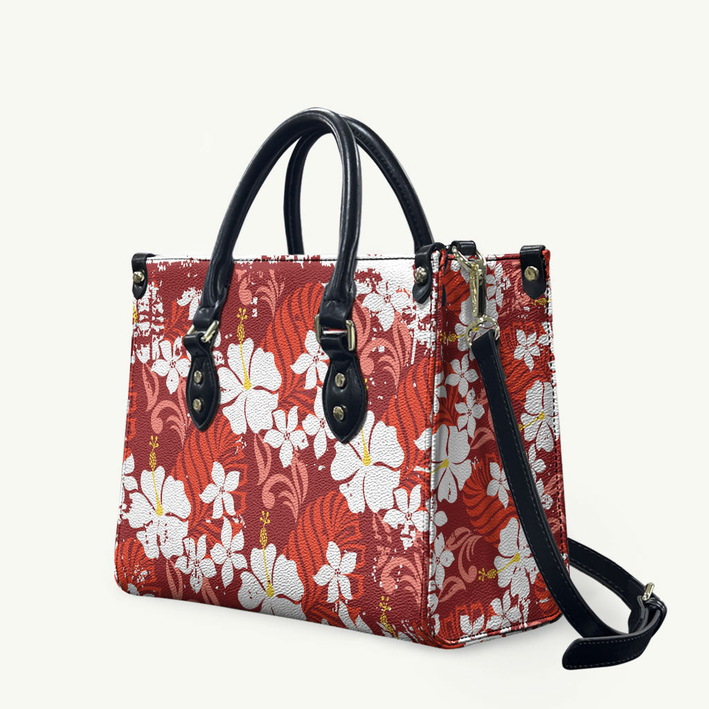 Red Hawaiian Hibiscus Monstera Leather Bag Grunge Stylized