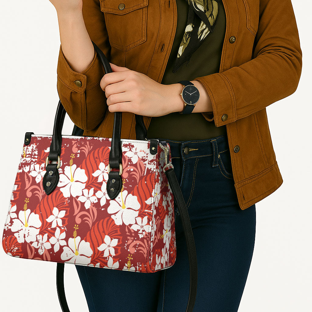 Red Hawaiian Hibiscus Monstera Leather Bag Grunge Stylized