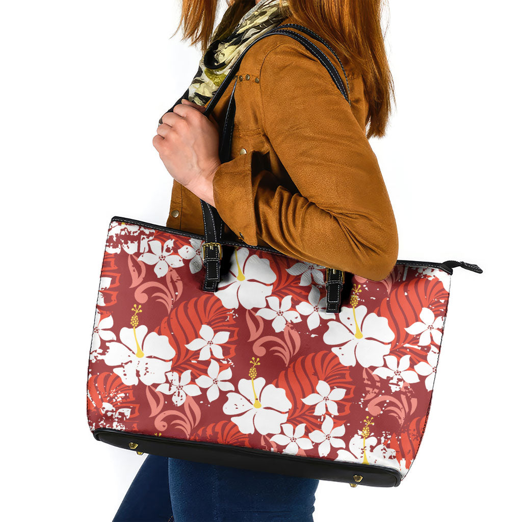 Red Hawaiian Hibiscus Monstera Leather Tote Bag Grunge Stylized LT01 Red - Polynesian Pride