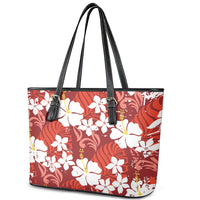 Red Hawaiian Hibiscus Monstera Leather Tote Bag Grunge Stylized LT01 - Polynesian Pride