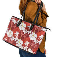 Red Hawaiian Hibiscus Monstera Leather Tote Bag Grunge Stylized LT01 - Polynesian Pride