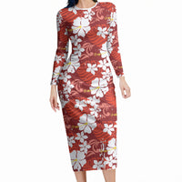 Red Hawaiian Hibiscus Monstera Long Sleeve Bodycon Dress Grunge Stylized LT01 Long Dress Red - Polynesian Pride