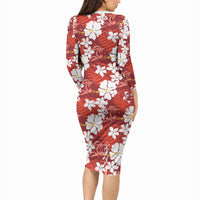 Red Hawaiian Hibiscus Monstera Long Sleeve Bodycon Dress Grunge Stylized LT01 - Polynesian Pride