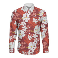 Red Hawaiian Hibiscus Monstera Long Sleeve Button Shirt Grunge Stylized
