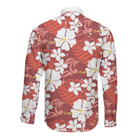 Red Hawaiian Hibiscus Monstera Long Sleeve Button Shirt Grunge Stylized
