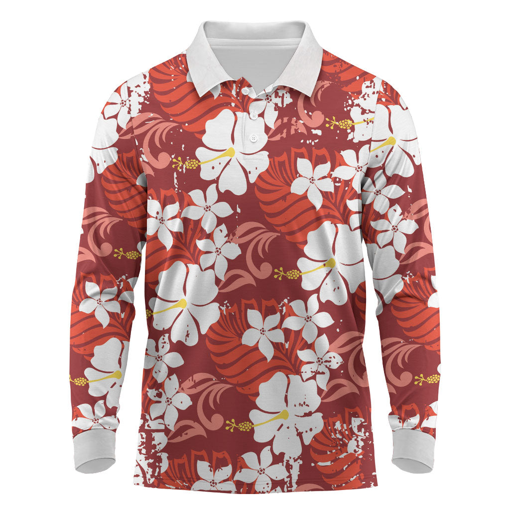 Red Hawaiian Hibiscus Monstera Long Sleeve Polo Shirt Grunge Stylized LT01 Red - Polynesian Pride