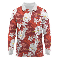 Red Hawaiian Hibiscus Monstera Long Sleeve Polo Shirt Grunge Stylized LT01 Red - Polynesian Pride