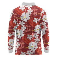 Red Hawaiian Hibiscus Monstera Long Sleeve Polo Shirt Grunge Stylized LT01 - Polynesian Pride