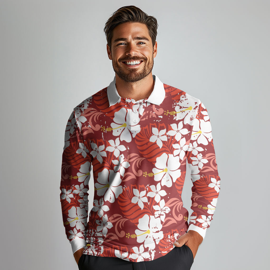 Red Hawaiian Hibiscus Monstera Long Sleeve Polo Shirt Grunge Stylized LT01 - Polynesian Pride