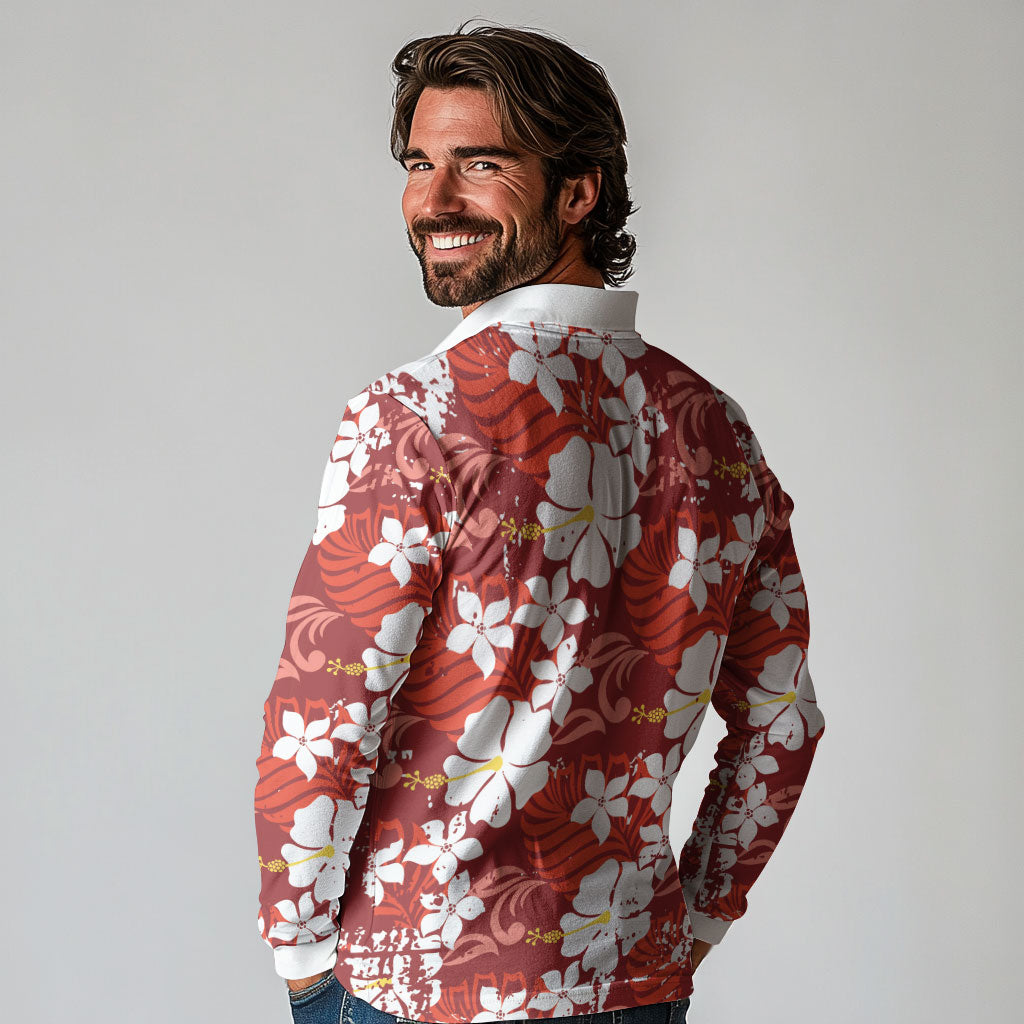 Red Hawaiian Hibiscus Monstera Long Sleeve Polo Shirt Grunge Stylized LT01 - Polynesian Pride