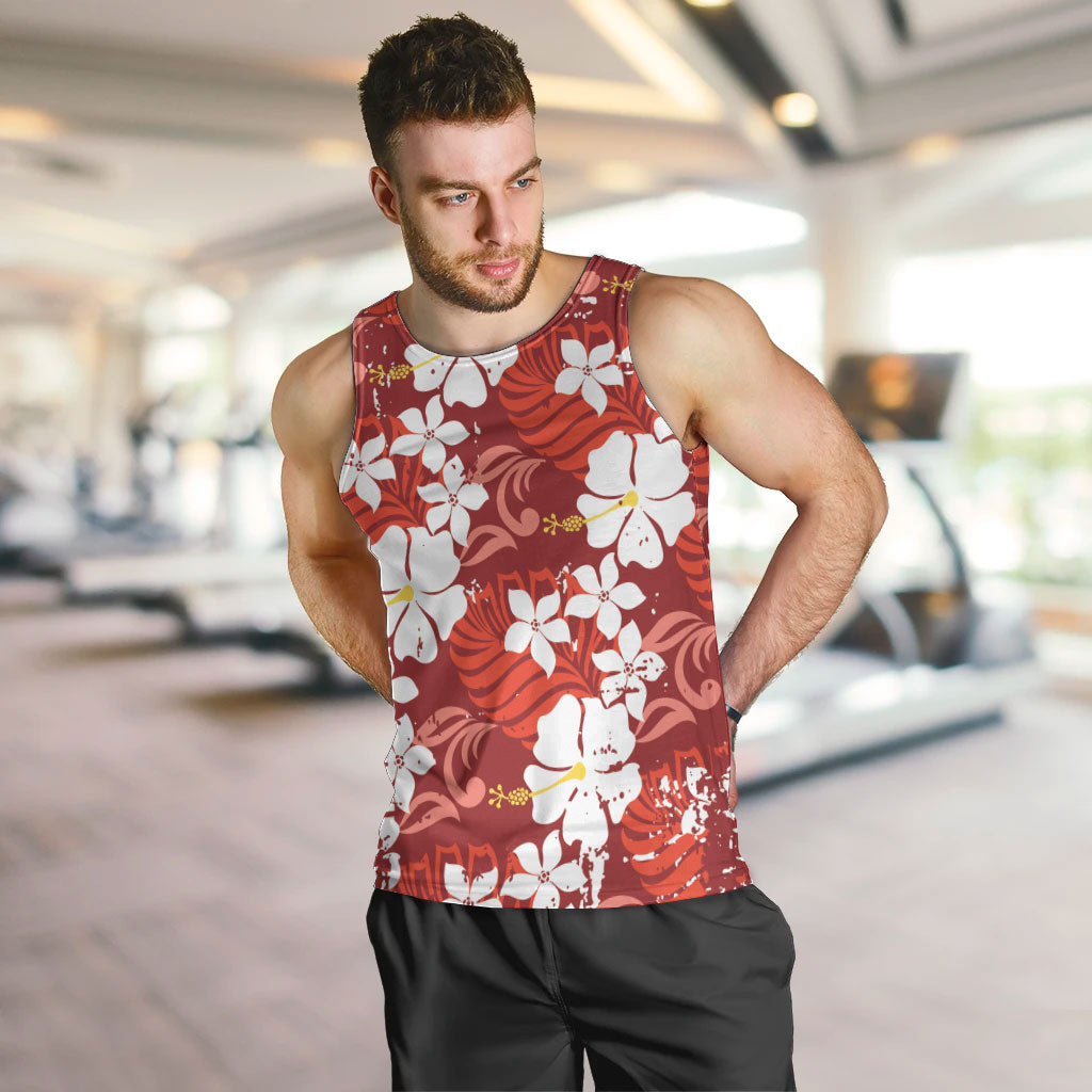 Red Hawaiian Hibiscus Monstera Men Tank Top Grunge Stylized