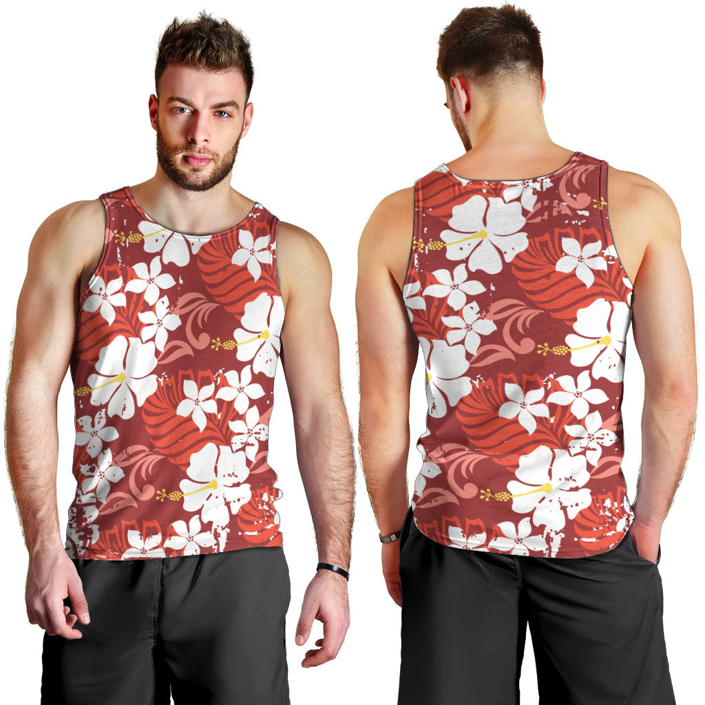 Red Hawaiian Hibiscus Monstera Men Tank Top Grunge Stylized