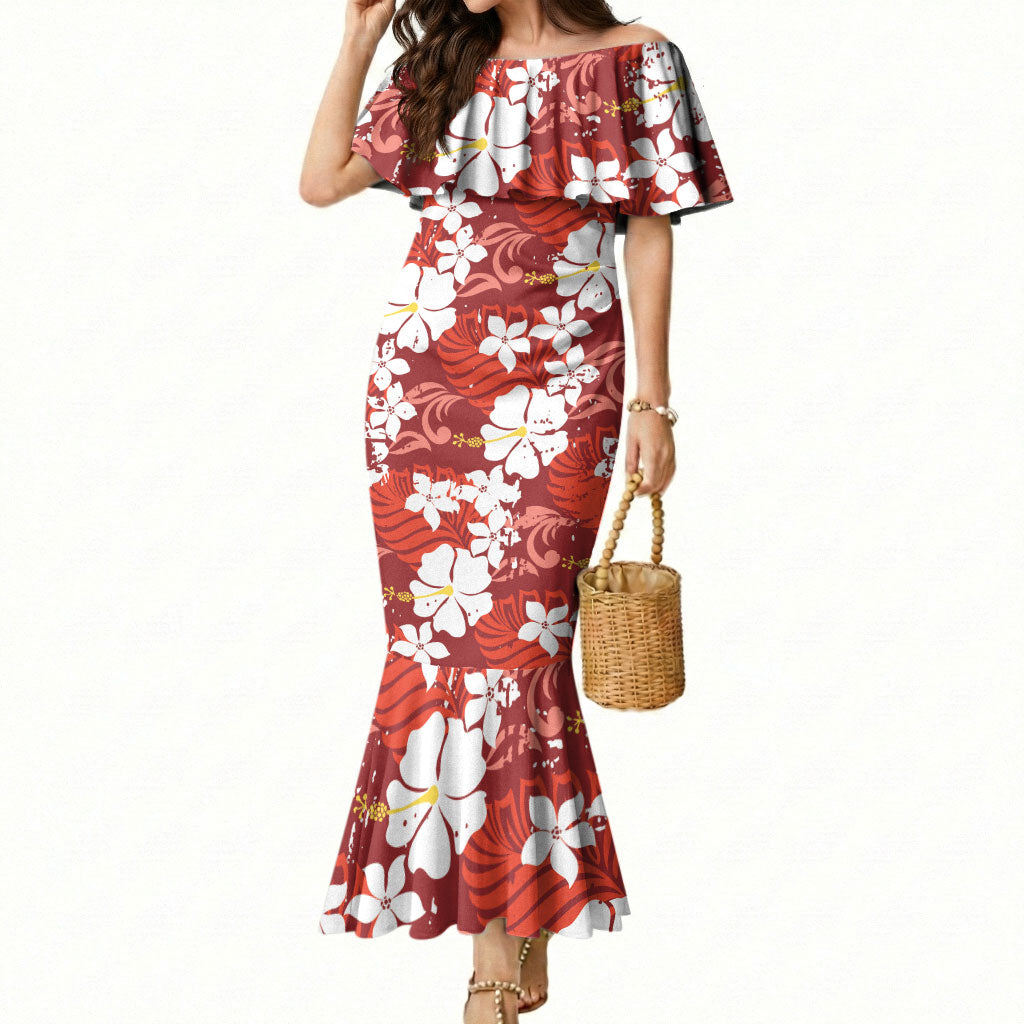 Red Hawaiian Hibiscus Monstera Mermaid Dress Grunge Stylized